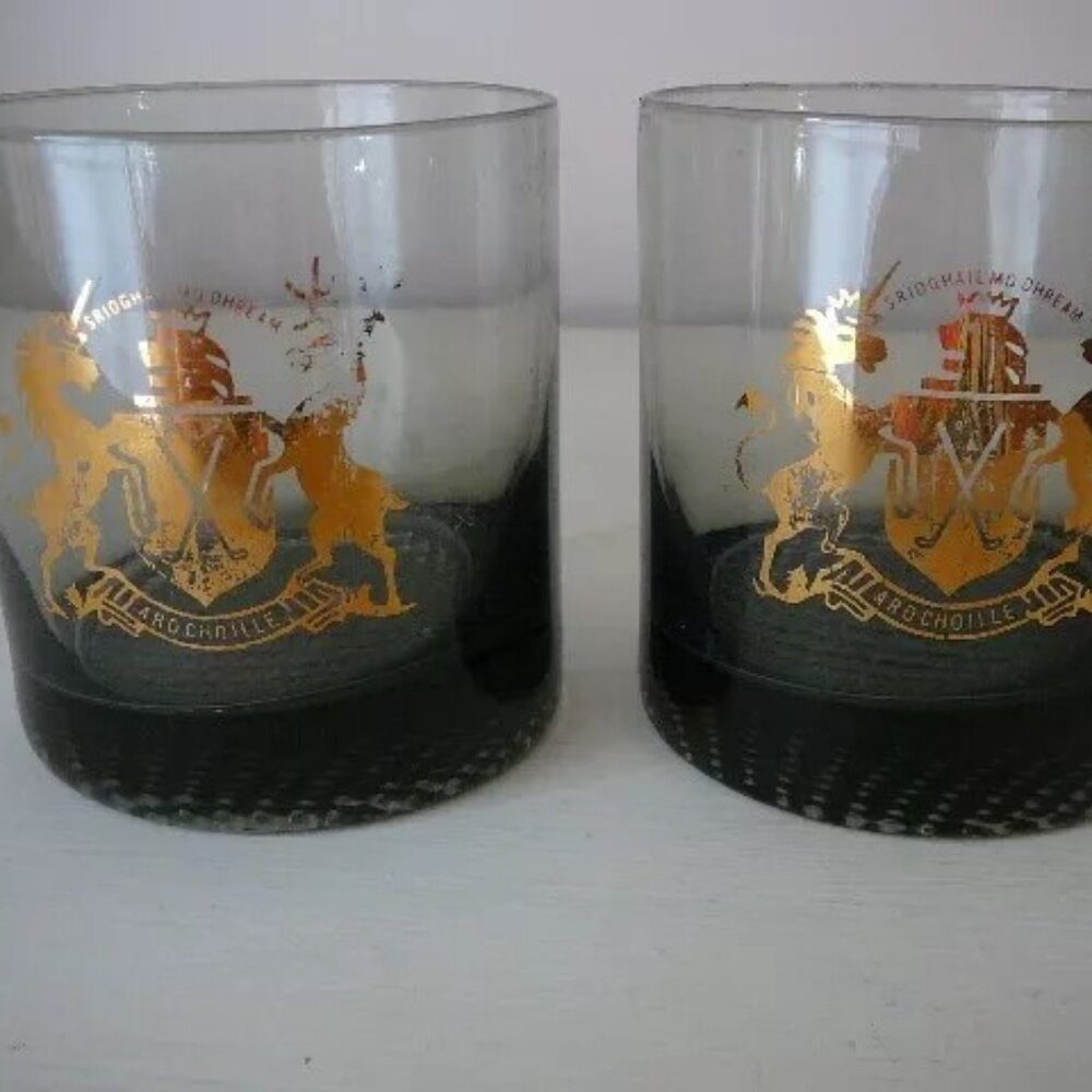 2 Mid Century Whiskey Glasses Gold Crest Gregor MacGregor Gray Waffle Bottom